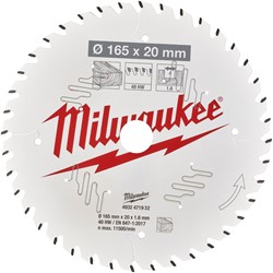 Milwaukee Cirkelzaagblad hout 165 x 20 x 1.6 Thin Kerf ATB 40T +18°